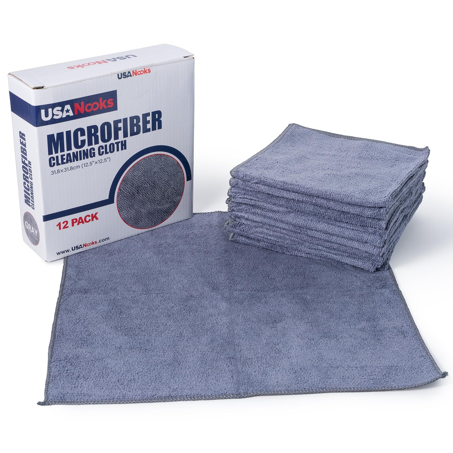USANOOKS Microfiber Cleaning Cloth Grey - 12 Pcs (12.5"x12.5") - High Performance - 1200 Washes, Ultra Absorbent Microfiber Towel Weave Grime & Liquid for Streak-Free Mirror Shine - Car Washing Cloth